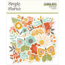 Simple Stories Open Road Floral Bits 76-piece die-cut pack with daisies, roses, leaves, butterflies and dragonflies in mustard, coral, aqua and sage tones