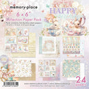 Memory Place Happy Birthday 6x6 paper collection with pastel floral patterns, rabbits, teddy bears and birthday cakes