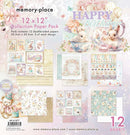 Memory Place Happy Birthday 12x12 scrapbook paper collection with pastel bunny, floral and tea party birthday designs