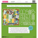 Large Adventure Awaits cut-outs featuring oversized adventure title, pine trees, clouds and camping themed scrapbook embellishments