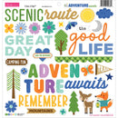 Adventure chipboard stickers with scenic route and outdoor themed icons