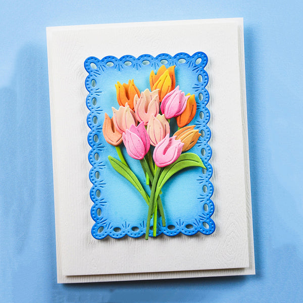 Greeting card with colorful tulips design on a blue background