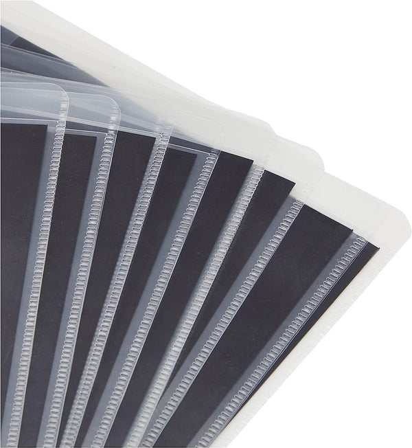 Clear plastic sleeves with black backing on a white background