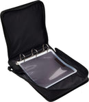 Black ring binder with clear plastic cover on a white background