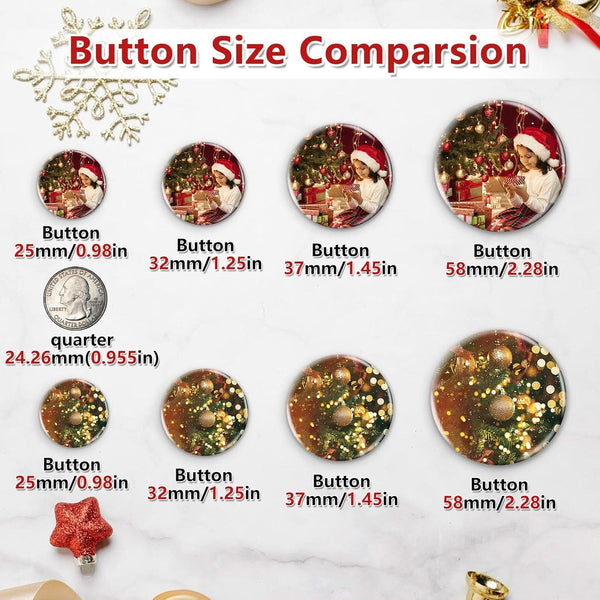 Button size comparison chart with Christmas-themed buttons and a quarter for scale.