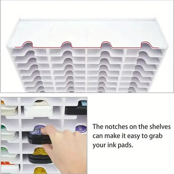 White ink pad organizer with notches for easy access, showing a hand grabbing an ink pad.