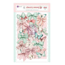 Packaging of decorative bows and butterflies with 'cherry sweet' branding on a pink background.