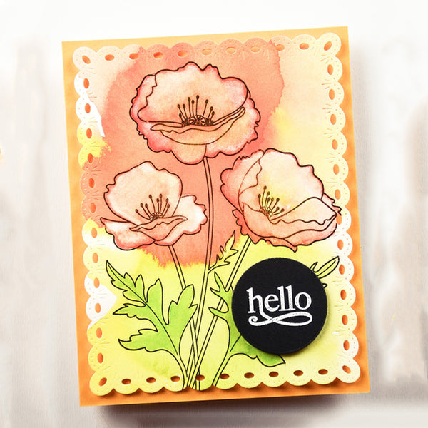 Card with floral design and 'hello' button on a white background