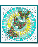 Colorful butterfly design on a circular pattern with blue and yellow colors