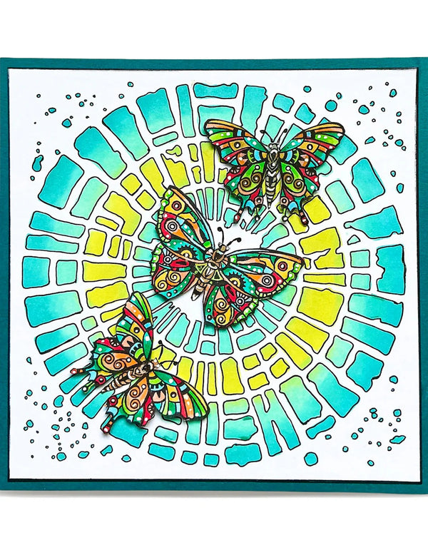 Colorful butterfly design on a circular pattern with blue and yellow colors
