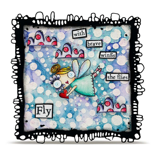 Illustration of a fairy with text about flying and bravery on a polka dot background.