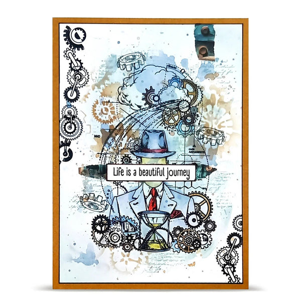 Decorative poster with steampunk elements and 'Life is a beautiful journey' text.