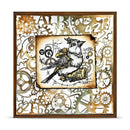 Decorative panel with steampunk design featuring a bird and gears on a white background