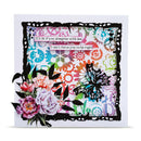 Colorful card with floral designs, a butterfly, and text on a white background