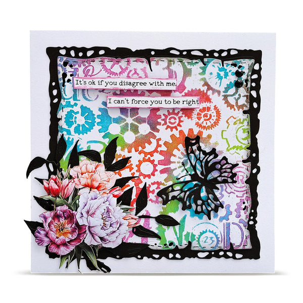 Colorful card with floral designs, a butterfly, and text on a white background