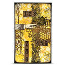 Artistic design with gears, numbers, and a hand on a yellow background