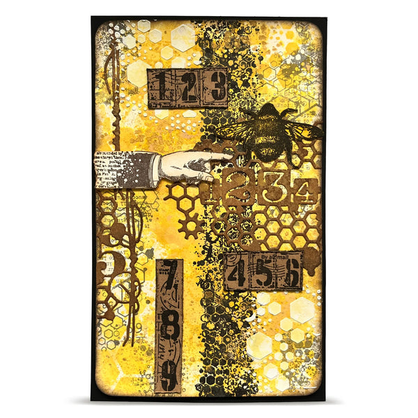 Artistic design with gears, numbers, and a hand on a yellow background