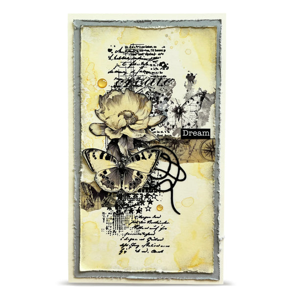 Decorative card with floral and butterfly design on a textured background