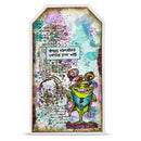 Colorful art print with a character and text on a textured background