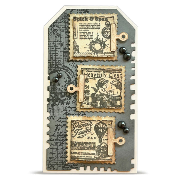 Decorative card with vintage-style stamps and text on a white background