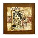 Vintage-style postcard design with a horse's head and decorative elements on a brown background.
