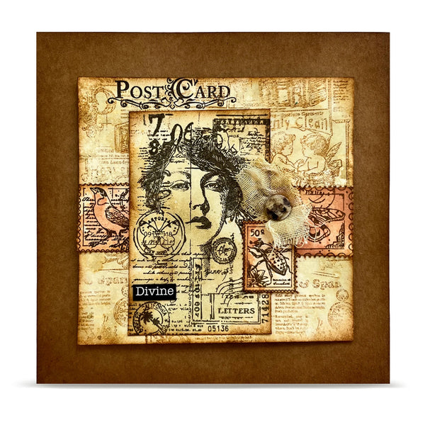 Vintage-style postcard design with a horse's head and decorative elements on a brown background.
