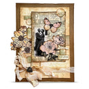 Decorative collage with flowers, butterfly, and vintage-style text on a brown background