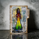 Artistic depiction of a person in a colorful dress on a textured surface with 'Don't give up' text.