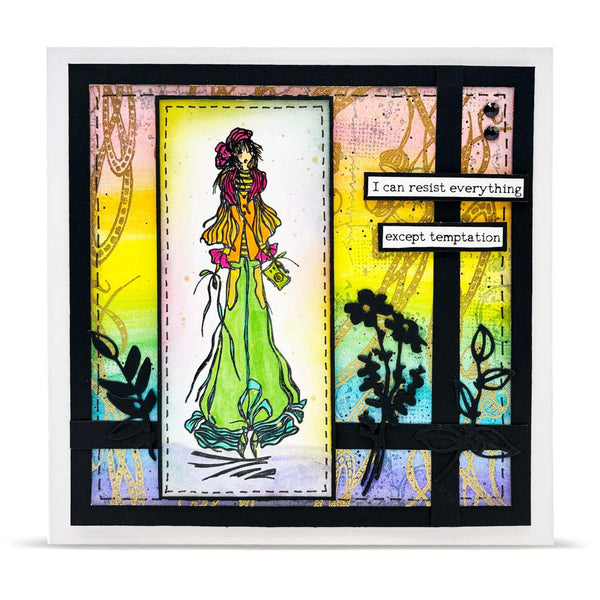 Colorful card with a woman in a dress and cross design, featuring text.