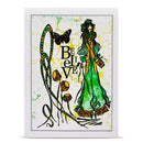 Artistic illustration with a woman, butterfly, and flowers on a white background