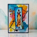 Colorful card with a stylized illustration of a woman in a yellow dress on a watercolor background.