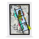 Framed artwork with a stylized illustration of a person in a yellow jacket and blue pants, surrounded by filmstrip elements and text.