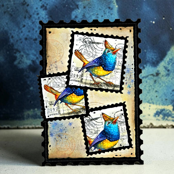 Decorative item with colorful bird illustrations on a textured background