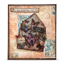 Decorative card with butterflies, flowers, and vintage stamps on a textured background.