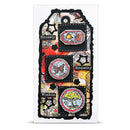 Decorative card with various patches and text on a white background