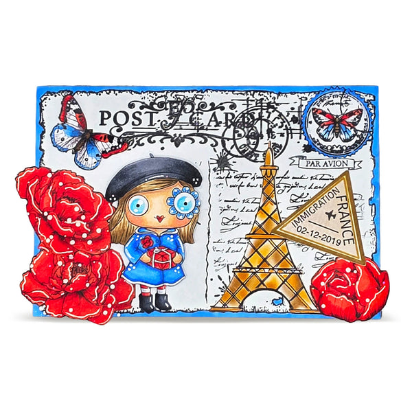 Illustrated postcard with a girl, Eiffel Tower, and red roses on a white background