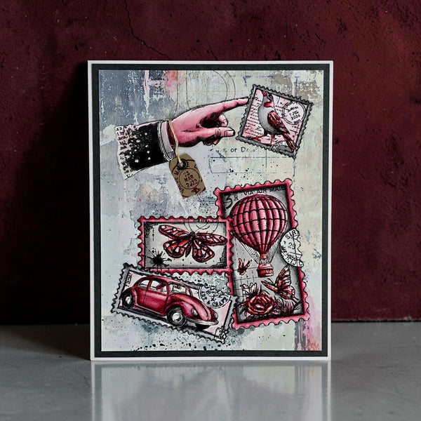 Artistic collage with postage stamps, a hand, and vintage elements on a textured background.