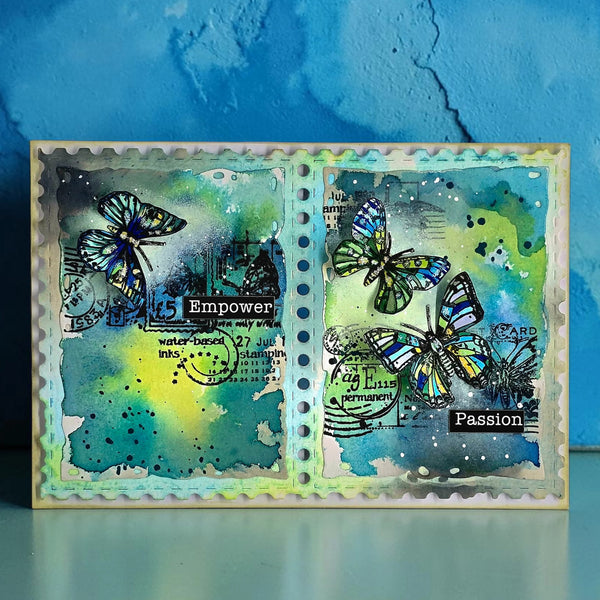 Card with butterfly designs and text on a textured blue background