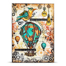 Colorful steampunk-style illustration with birds, balloons, and mechanical elements on a textured background.