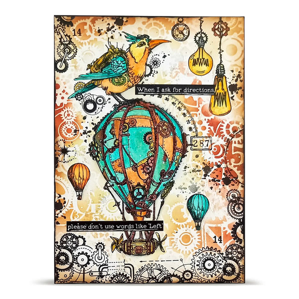 Colorful steampunk-style illustration with birds, balloons, and mechanical elements on a textured background.