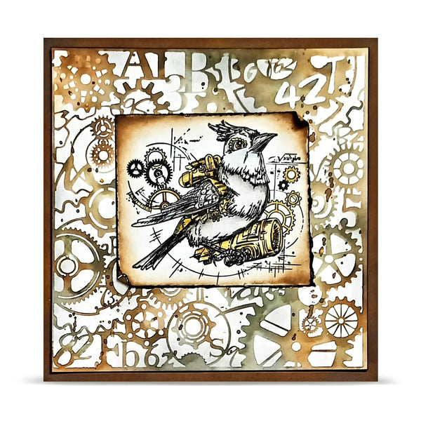 Decorative panel with steampunk design featuring a bird and gears on a white background