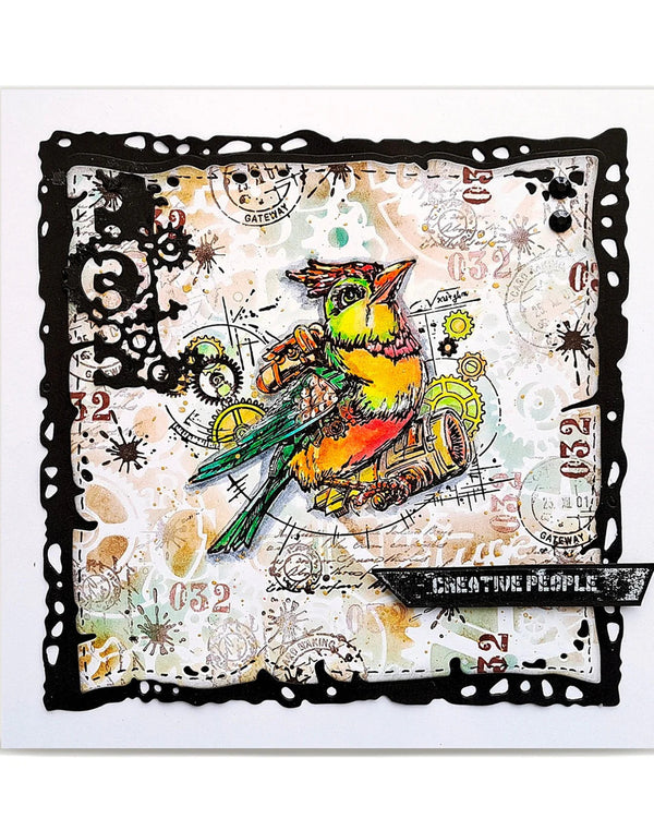 Colorful bird illustration on a decorative background with stamps and text