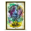 Framed artwork of a steampunk hot air balloon with a colorful watercolor background and text.