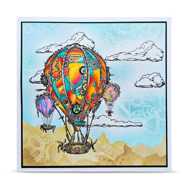 Colorful steampunk hot air balloon illustration with clouds in the background