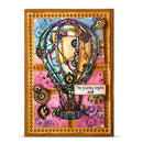 Colorful steampunk air balloon artwork with gears and 'The Journey Begins Now' text on a pink background.