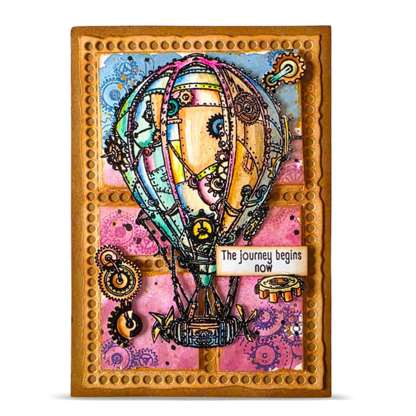 Colorful steampunk air balloon artwork with gears and 'The Journey Begins Now' text on a pink background.