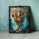 Steampunk-style hot air balloon artwork on a textured blue background