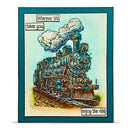 Vintage-style train illustration with motivational text on a teal border