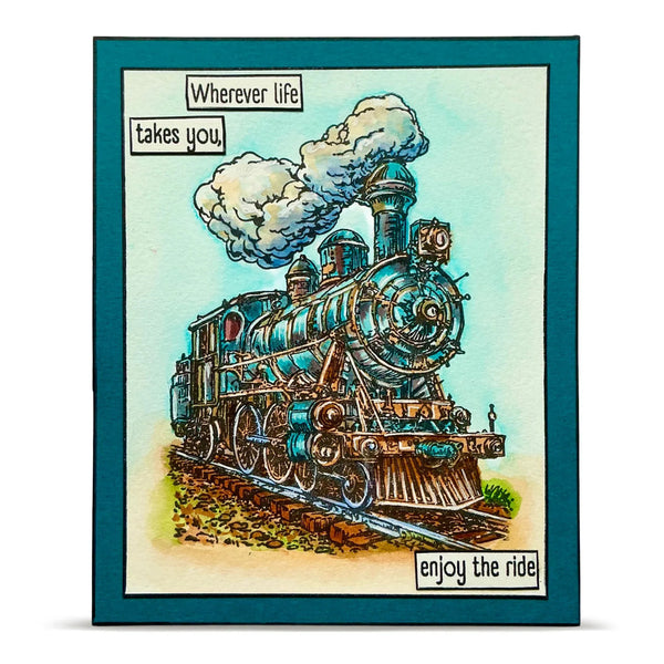 Vintage-style train illustration with motivational text on a teal border