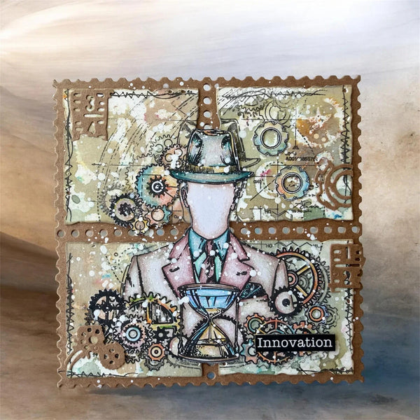Artistic depiction of a person with steampunk elements and gears on a textured background.